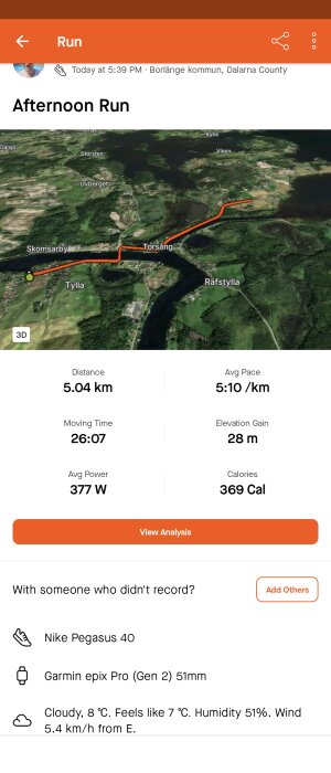 Skärmdump av joggingsträcka på 5.04 km i Borlänge kommun med tid och kaloriförbränning.
