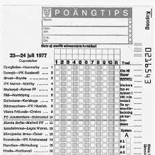 Poängtips spelkupong från 23–24 juli 1977 med listade fotbollsmatcher och markeringar för tippade utfall.