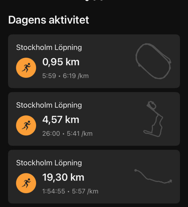 En skärmdump som visar aktivitetsloggar för löpning med distans, tid och hastighet samt rutter på karta.
