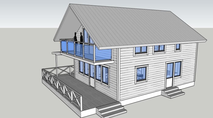 3D-skiss av ett tvåvåningshus med balkong, veranda och sadeltak.
