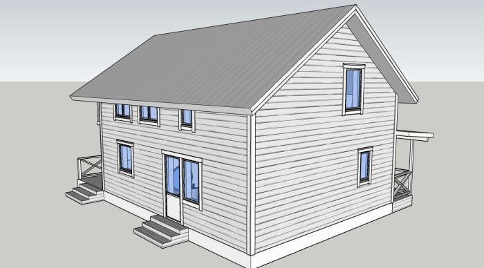 3D-skiss av ett tvåvåningshus med vit fasad och grått sadeltak, inkluderar veranda och balkong.