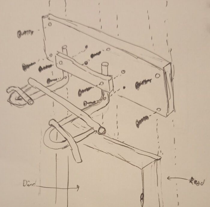 Skiss av pullup-bar monterat på träbräda över dörröppning med markeringar för skruvhål.