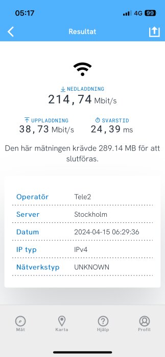 Skärmdump av hastighetstest för 4G-nätverk med Tele2 som visar höga nedladdnings- och uppladdningshastigheter.