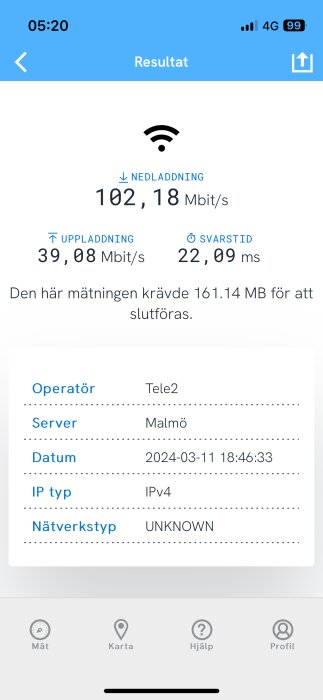 Skärmdump av hastighetstest för 4G-nätverk med 102,18 Mbit/s nedladdning och 39,08 Mbit/s uppladdning.