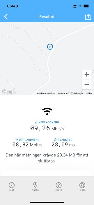 Skärmdump av hastighetstest för mobilt bredband med nedladdning på 9,26 Mbit/s och uppladdning 8,82 Mbit/s.