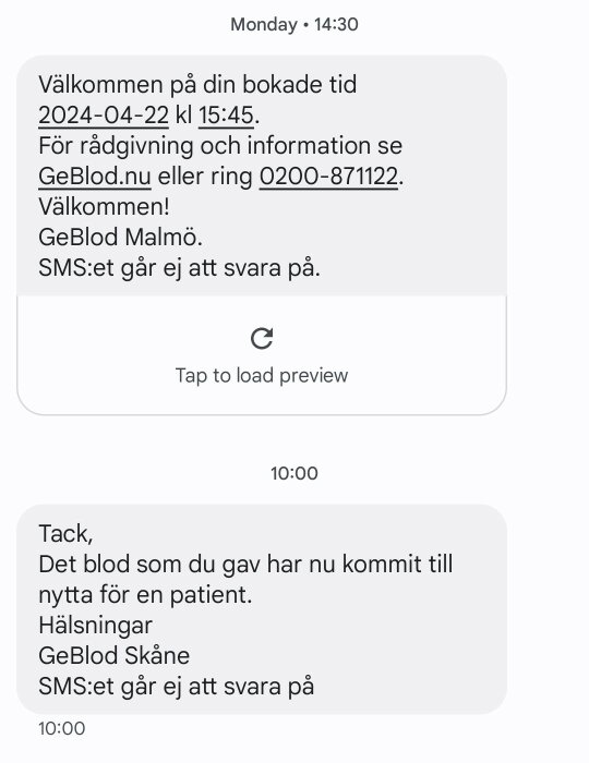 Skärmklipp av SMS-konversation om bokad blodgivningstid och tacksamhetsmeddelande.