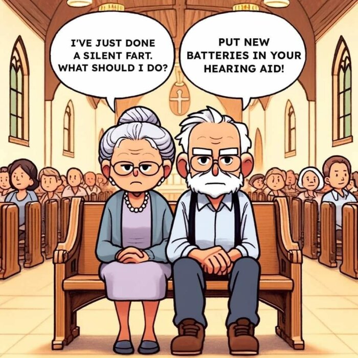 Två äldre tecknade figurer sitter i en kyrka med pratbubblor om en tyst fis och hörapparatbatterier.