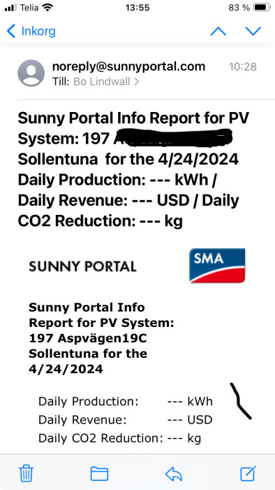 Skärmdump av ett e-postmeddelande från Sunny Portal med information om solenergisystem, dagsproduktion och CO2-reduktion.