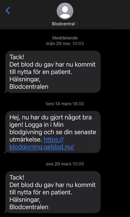 Skärmavbild av SMS-konversation med blodcentral som tackar för blodgivning och uppmanar till att logga in för utmärkelse.