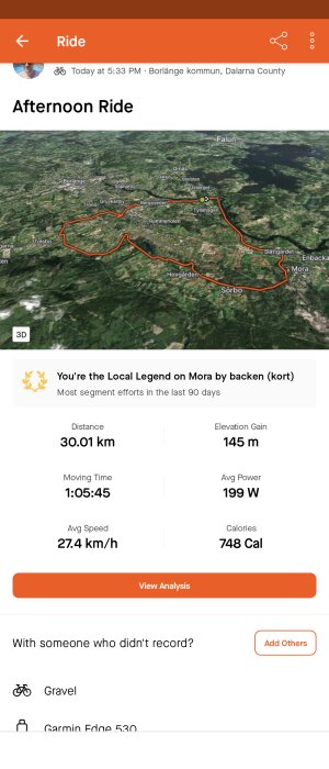 Skärmdump av en cykeltur på en träningsapp med karta och statistik över distans, tid och kaloriförbränning.