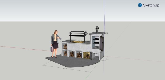 3D-modell av utomhuskök inklusive grill, vedförvaring och arbetsskiva, med dimensioner och en figur.