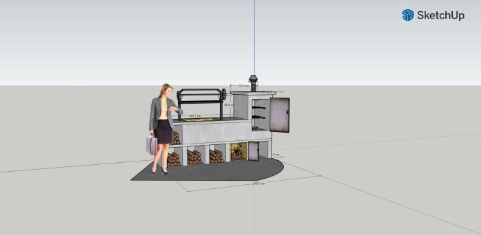 3D-modell i SketchUp av en utomhuskök med vedspis, måttangivelser och en animerad figur.