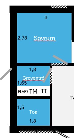 Ritning av en planlösning som visar ett sovrum, groventré och toalett, markerat med mått och förkortningar för värmesystem.