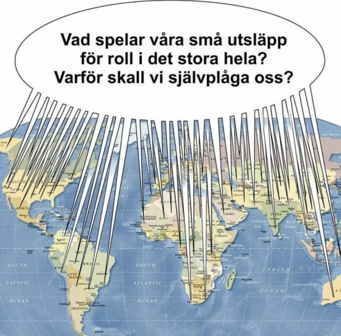 Illustration av jordklotet med pratbubbla om små utsläpps inverkan på miljön.