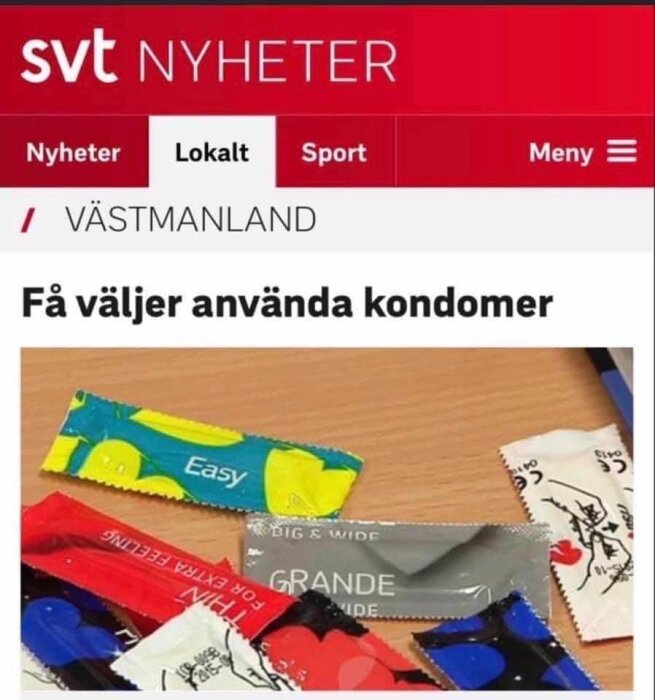 Skärmdump från SVT Nyheter Västmanland rubriken "Få väljer använda kondomer" med olika förpackade kondomer.