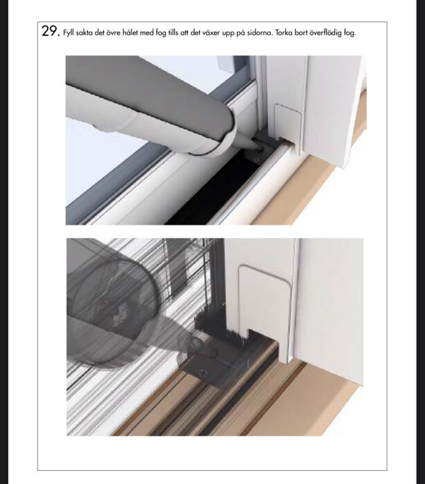 Instruktionsbild för fönsterinstallation som visar tätning med fog längs fönsterkarmens övre del.