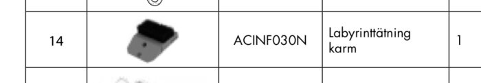 Del av tabell som visar en svartvit bild av en labyrinttätning karm, artikelnummer ACINF030N och antal 1.