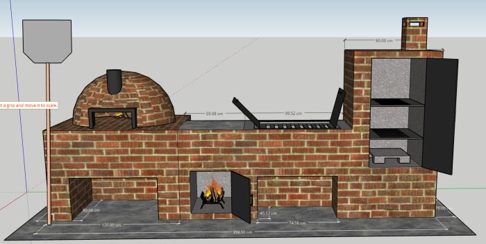 3D-ritning av en utomhusköksdesign med tegelugn, grillplats och rökkammare inklusive måttangivelser.