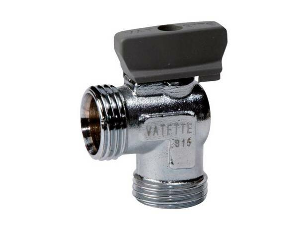 Vatette-kulventil med grå spak och märkning, vinklad anslutning, för bygg- och rörarbeten.