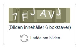 CAPTCHA-kod med suddiga bokstäver mot grön bakgrund med texten "Bilden innehåller 6 bokstäver" och en omladdningsikon.