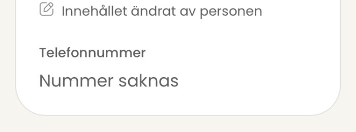 Skärmdump som visar att ett telefonnummer saknas under rubriken "Telefonnummer".