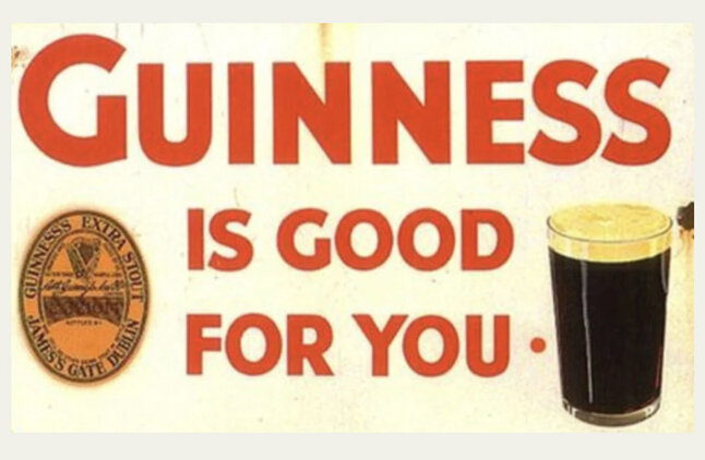 Gammal Guinness-reklam med slogan "Guinness is good for you" och bild på en pint Guinness.