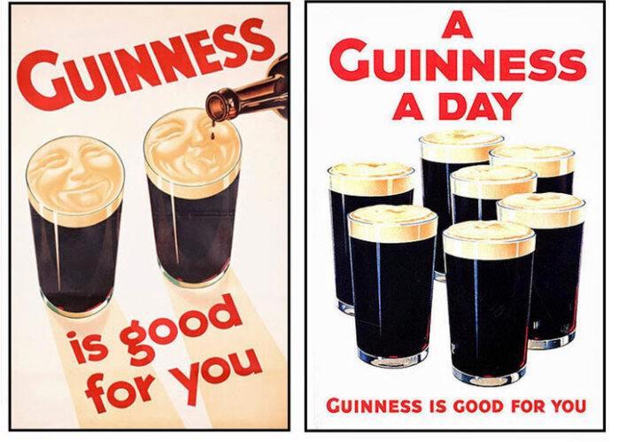 Gamla reklamaffischer för Guinness med slogan "Guinness is good for you" och "A Guinness A Day".