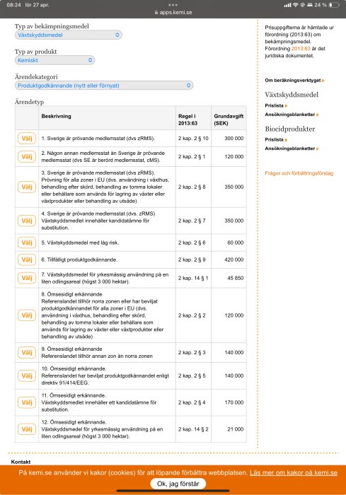 Skärmdump av avgiftslistan för bekämpningsmedel från Kemikalieinspektionens webbplats.