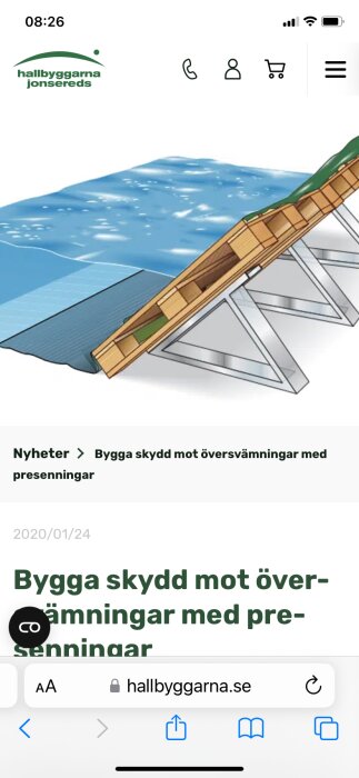 Illustration av översvämmningsskydd med metallstöd längs en vattenkant.