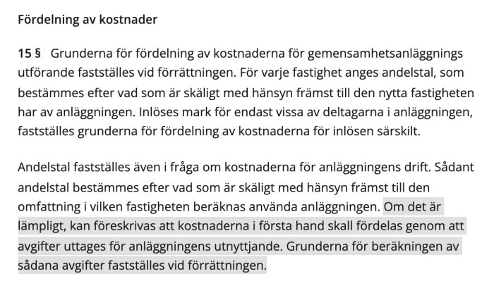 Skärmbild av ett juridiskt dokument om fördelning av kostnader för gemensamhetsanläggningar.