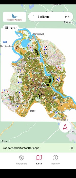 Interaktiv karta över Borlänge med markerade platser och filterfunktion, batteriindikator 14%.