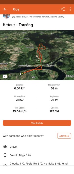Skärmdump av cykeltur data med karta över Torsång, distans 6.04 km, tid 24:07 och hastighet 15.0 km/h.