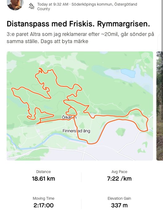 Skärmdump av löprunda med spårkartan som visar rutt på 18.61 km, tid 2:17:00 och höjdskillnad 337 m.