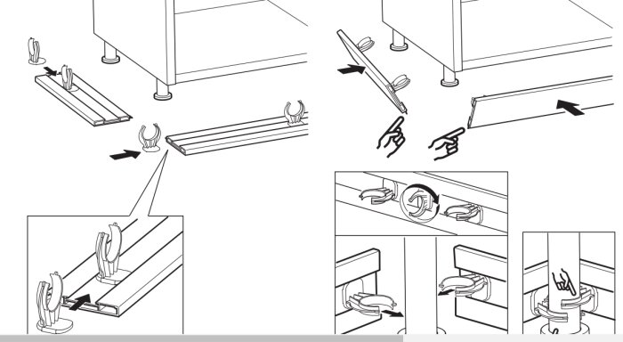 Instruktionsbild för montering av köksskåpssocklar med plastfästen på justerbara ben.