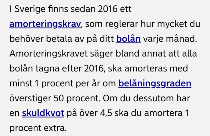 Skärmdump av informationswebbsida som beskriver Sveriges amorteringskrav för bolån.