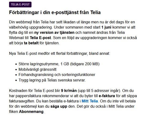 Skärmbild av ett e-postmeddelande från Telia om förändringar i deras e-posttjänst och införandet av en avgift.