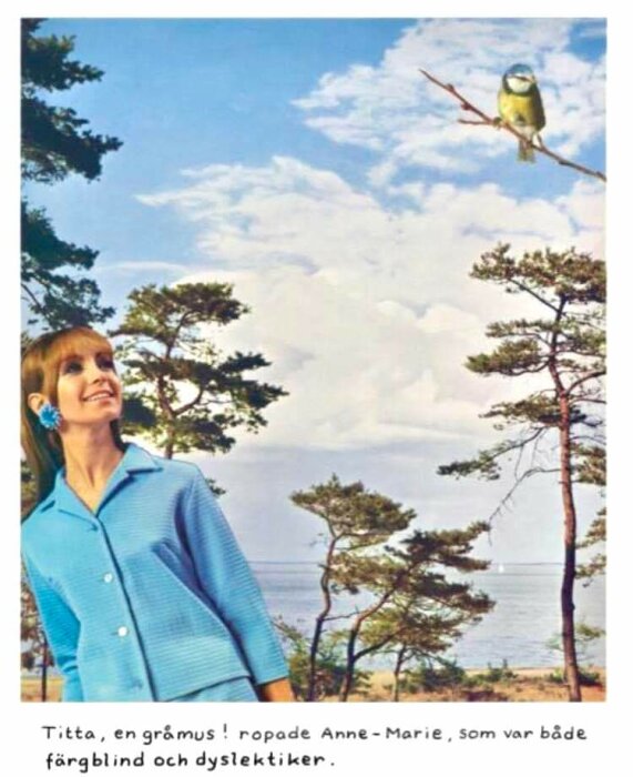 Kvinna ser upp mot en fågel på en gren med text som beskriver en scen med missförstånd.
