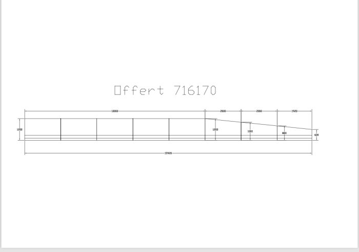 Skiss över en mur med dimensioner och uppdelning för byggprojektet, titeln "Offert 716170".