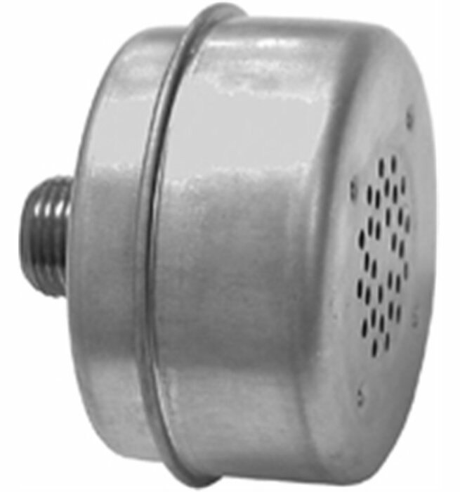 Äldre ljuddämpare med gängad anslutning och hålmönster, avsedd för cylindrar.