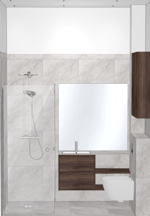 Ritning av modernt badrum med duschkabin, toalett och handfat med spegel.