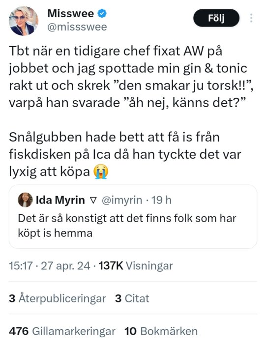 Skärmdump av en Twitter-konversation om ett komiskt kontorsminne och isköpande från ICA.