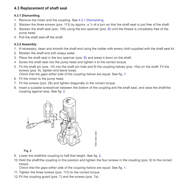 Illustration av instruktioner för ersättning av en axeltätning på en pump, med numrerade steg och en bild av pumpens delar.