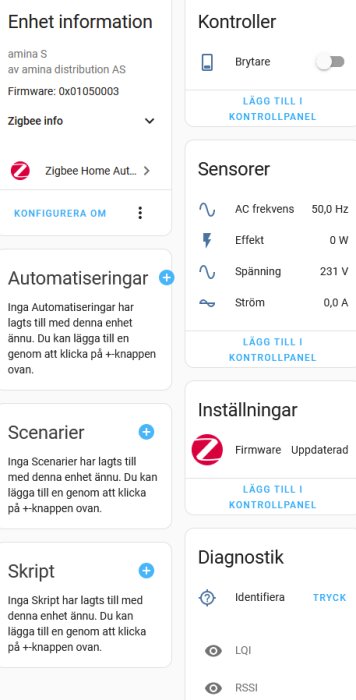 Skärmdump av gränssnittet i en hemautomationsplattform som visar information och inställningar för enheten Amina S.