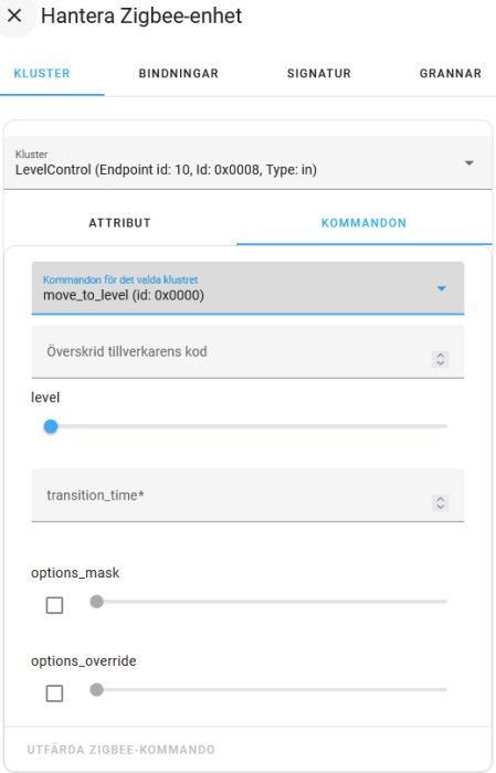 Skärmbild av gränssnittet för hantering av Zigbee-enhet med kluster- och kommandoinställningar.