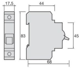 Schematisk ritning av en DIN-skeneprodukt med måttangivelser 17.5, 44, 45, 68, och 83 mm.