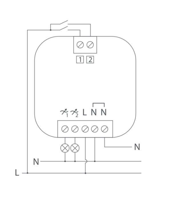Schema för anslutning av Plejd DIM-02 enhet med märkningar för L och N ledningar.