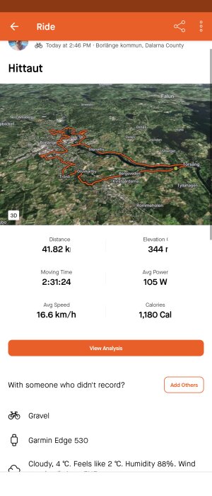 Satellitbild med överlagd cykelrutt i orange, statistik över distans, hastighet, och tid från en cykeltur.