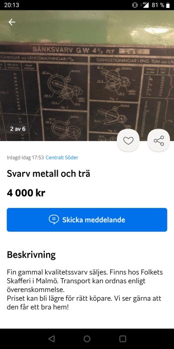 Skärmbild av en säljesannons för en gammal kvalitetssvarv med tekniska ritningar och information, prissatt till 4000 kr.