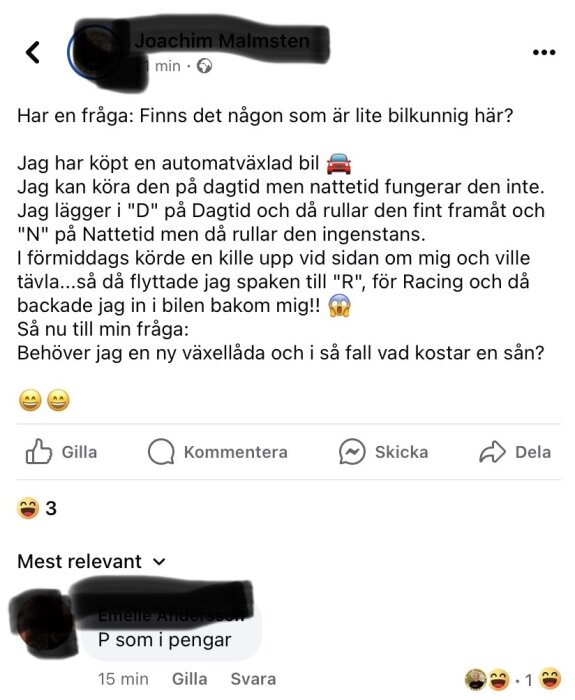 Skärmdump av Facebook-inlägg där en användare frågar om råd angående problem med automatväxlad bil.