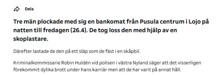 Skärmdump av en nyhetsartikel om ett bankomattillgrepp med användning av en skoplastare.